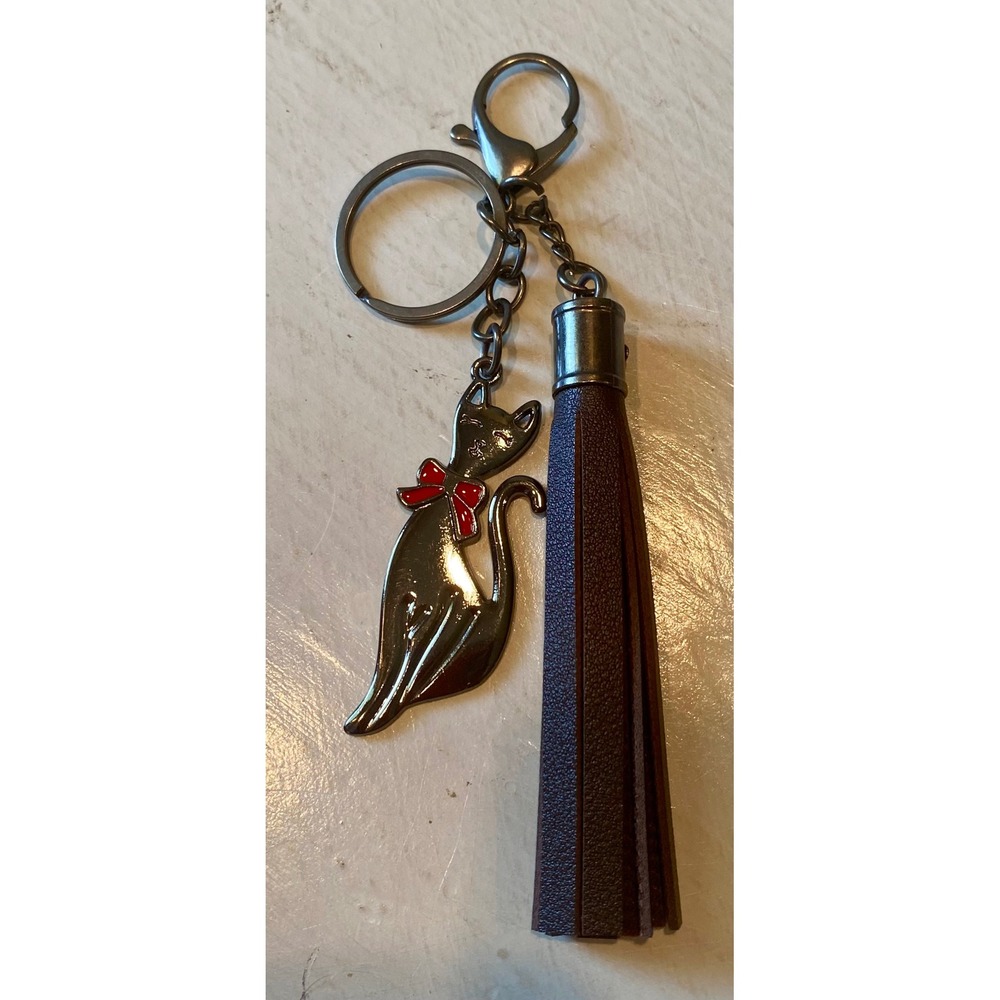 Cat Keychain Purse Charm Brown Tassel Red Bow Cute Fun Accessory